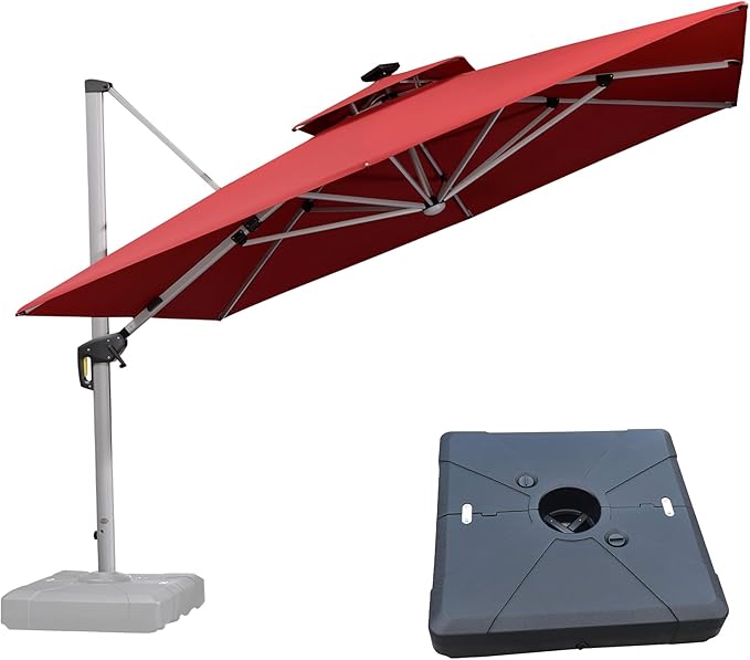 PURPLE LEAF 11 Feet Solar Powered LED Square Cantilever Umbrella With Base Patio Umbrellas Windproof Hanging Outdoor Umbrellas Offset Umbrella, Terra