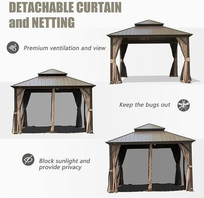 Domi 10'x10' Hardtop Gazebo Canopy,Outdoor Metal Gazebo with Galvanized Steel Double Roof,Curtain and Netting,Permanent Gazebos Pavilion for Patio Deck,Backyard