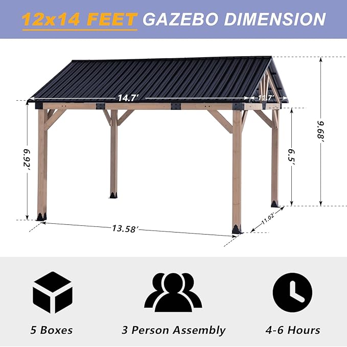 CHARMELEON 12x14 Cedar Wood Gazebo,Heavy Duty Patio Gazebo with Metal Gable Roof,Permanent Hardtop Gazebos Pavilion for Backyard,Outdoor,Deck,Garden,Porch