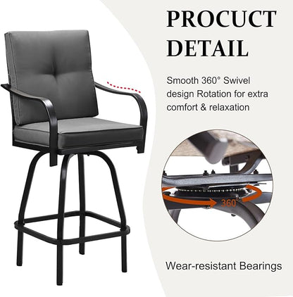 Patio Swivel Bar Stools, Outdoor High Back Swivel Bar Chair Set of 6 with Cushion & All Weather Steel Frame for Backyard, Lawn, Poolside and Balcony, Dark Gray