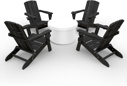 Folding Adirondack Chair Wood Texture 4 Pack, HDPE All-Weather Fire Pit Chairs, Plastic Adirondack Chairs with 2 Cup Holder, Outdoor Lawn Chair for Patio Garden (Black)