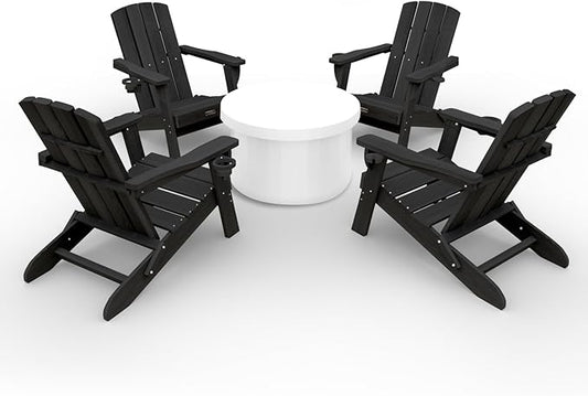 Folding Adirondack Chair Wood Texture 4 Pack, HDPE All-Weather Fire Pit Chairs, Plastic Adirondack Chairs with 2 Cup Holder, Outdoor Lawn Chair for Patio Garden (Black)