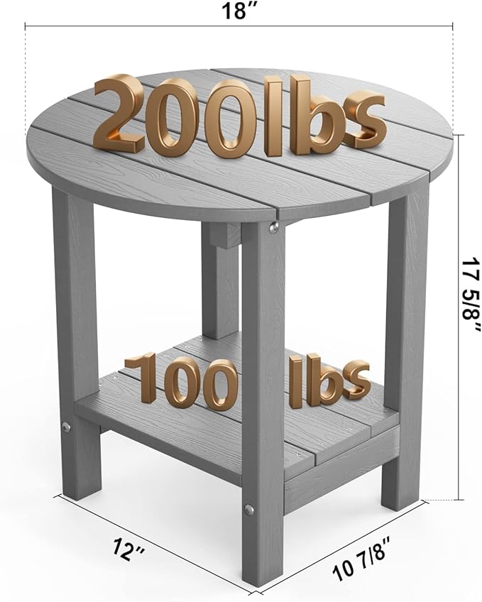 MXIMU Round Outdoor Side Table Adirondack Tables 18 Inch Chairside End Tables with Storage Shelf, 2-Tier Plastic Patio Side Table for Balcony Backyard Lawn (Grey, 1 Pack)