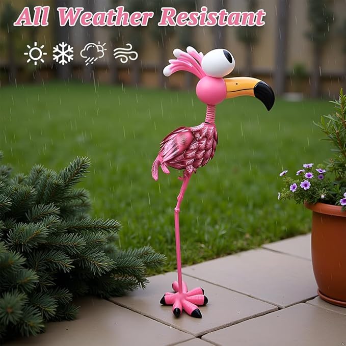 25'' Tall Flamingo Garden Statue, Metal Flamingo Outdoor Staute Waterproof, Pink Flamingo Yard Art Sculptures Decor for Yard, Lawn, Patio, Backyard