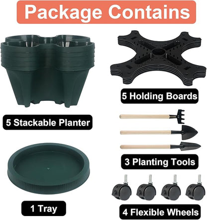 Vertical Planter 5 Tier Stackable Planters Garden Planters Strawberry Herb Flower and Vegetable Planter Indoor Outdoor Gardening Pots with Removable Wheels and Tools 2-Pack