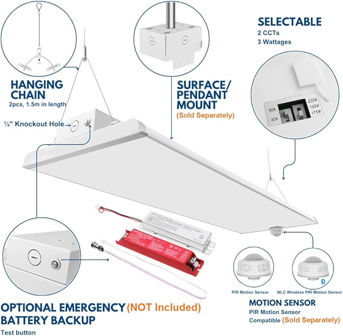 Konlite Pack of 2 ALTA LED High Bay Light - 4FT - 225W/195W/175W - 37,600 Lumens - 5000K/4000K Selectable - 120-277V - 600W Metal Halide Equal