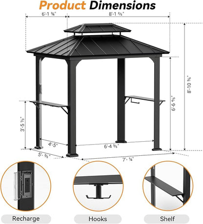 Modern Shade Grill Gazebo 6' X 8', Aluminum BBQ Gazebos with Shelves and Ceiling Hook, Grill Canopy Hardtop with Galvanized Steel Roof, Extra-Wide Column Design, Outdoor Grill Gazebo for Patio, Black