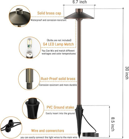 ZONEGRACE 4 Pack Solid Brass Low Voltage Pathway Lights,Outdoor Wired LED Landscape Path Lights,AC/DC 12V Bronze Pathway Lighting for Walkway Garden Yard,UL Listed Cord,Without Replacement Bulbs