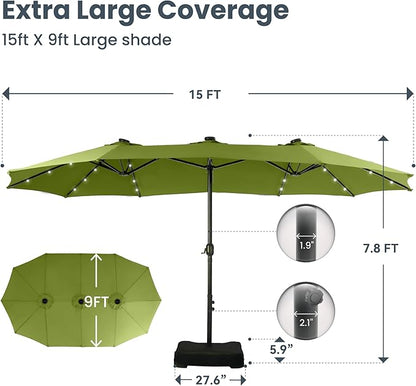 PHI VILLA 15 ft Umbrella Outdoor Patio Solar Lights with Base, Outdoor Double-Sided Large Market Rectangle Umbrellas with 36 LED Lights, Lime Green