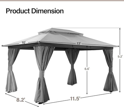 LAUSAINT HOME Outdoor Patio Gazebo 10'x13' with Expansion Bolts, Heavy Duty Party Tent & Shelter with Double Roofs, Mosquito Nettings and Privacy Screens for Backyard, Garden, Lawn, Smoke Grey