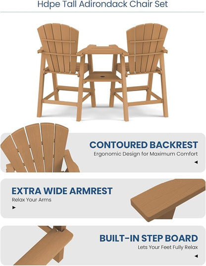 Ciokea Tall Adirondack Chairs Set of 4, HDPE Outdoor Adirondack Bar Stools with Double Connecting Tray, Weather Resistant High Back Adirondack Balcony Chairs for Deck, Lawn, Pool, Backyard, Teak