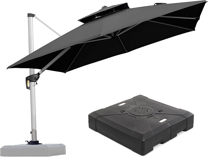PURPLE LEAF 10 FT Patio Offset Umbrella Outdoor Cantilever Umbrella Hanging Umbrellas, 36 Month Fade Resistance & Water-repellent UV Protection Fabric Canopy with Crank & Water Tank Base (Black)