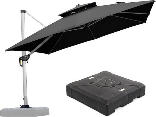 PURPLE LEAF 10 FT Patio Offset Umbrella Outdoor Cantilever Umbrella Hanging Umbrellas, 36 Month Fade Resistance & Water-repellent UV Protection Fabric Canopy with Crank & Water Tank Base (Black)
