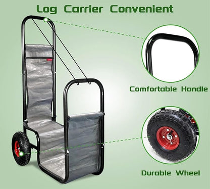 Firewood Cart: 44 X 27 X 20 in Heavy Duty 220 lbs Load Pneumatic Tires for Garden Backyard Fireplace Men Women Use