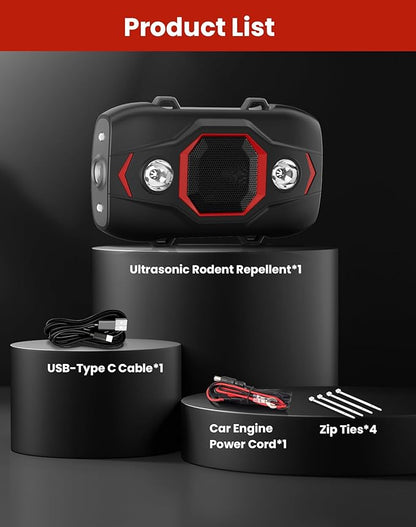 Ultrasonic Rodent Repellent for Car Engines, Under Hood Mouse Repellent with 4 LED Strobe Lights, USB Powered, Keep Rats, Mice and Squirrels Away from Vehicles, RVs, Garages, Attics (1, Black)
