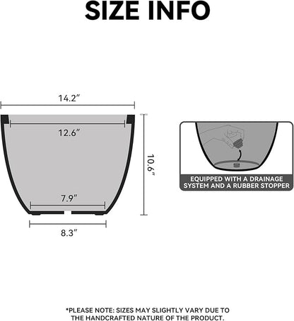 Kante 14.2 Inch Round Concrete Planter - Classic Large Indoor/Outdoor Plant Pot with Drainage Hole and Rubber Plug, Suitable for Gardens and Patios, Charcoal Finish with Forest Green Interior