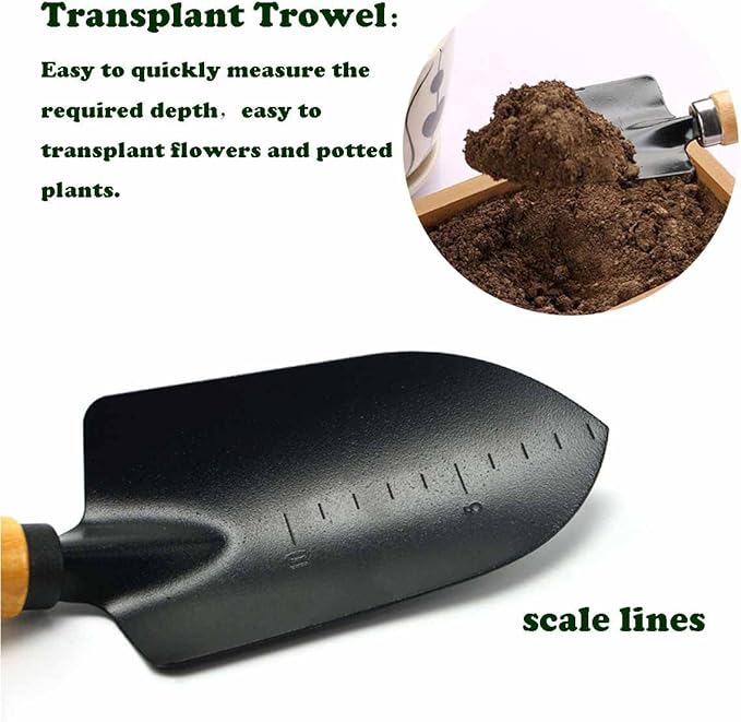 3 Pieces Garden Tools Set-Garden Rake Trowel, Gardening Tools with Wood Handle,Iron Crafts Gardening Work Kit with Solid Wood Ergonomic Handle Tools Succulent Gift Set Outdoor Gardening Tools(Black)
