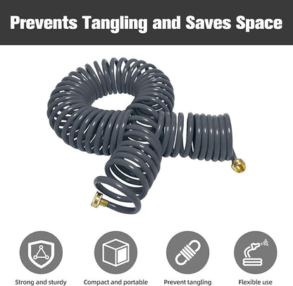 Coil Hose,3/8" EVA Coil Garden Hose 50 FT,Curly Water Hose Lightweight with Brass Connectors,Recoil Garden Hose Includes 8-Pattern Spray Nozzle for Boat, Yard, Patio, Green