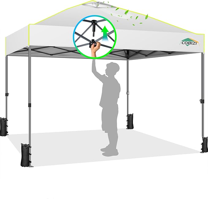 COBIZI 10x10 Pop Up Canopy Tent 1-Button Push Easy up Outdoor Canopy Instant Portable Commercial Shelter Waterproof UPF50+ Gazebo with Reflective Strip, Air Vent & 4 Sandbags,White