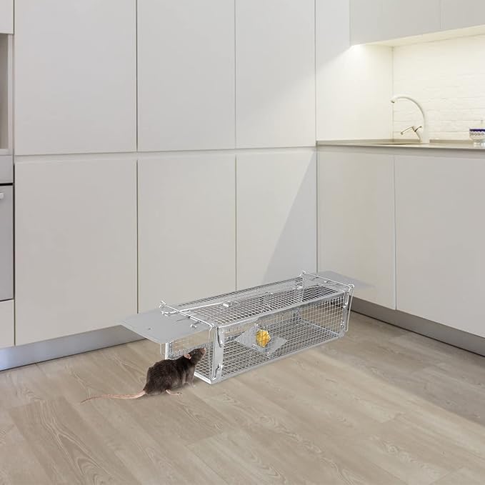 Moclever Humane Live Rat Trap – Dual-Door Rodent Cage with High-Sensitivity Gravity Pedal, Escape-Proof Dense Mesh, Zinc Electroplated for Durability, Indoor & Outdoor Use – 16.53” x 6.1” x 4.33”