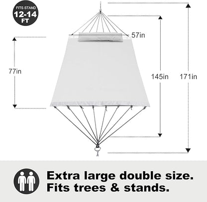 14ft Two Person Outdoor Hammock, Portable Camping with Folding Steel Spreader Bar, Carrying Bag, Carabiners, Tree Straps, Pillow & Sidebag, Quick Dry Textilene, 550 lbs Capacity (Ivory)