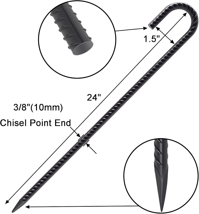 VVOKGO Rebar Stakes 24 Inch J Hook Heavy Duty Ground Anchors (16pcs), 3/8 Inch Diameter Metal Steel Extra Long Fence Stakes with Chisel Point End for Greenhouse, Gazebo, Carport, Camping Tents, Black