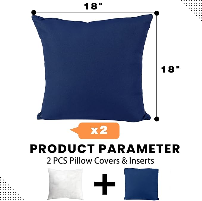 idee-home Outdoor Pillows, Set of 2 with Inserts, Waterproof, 18x18 inch, Dark Cerulean, Polypropylene Fill, Throw Pillow Cases