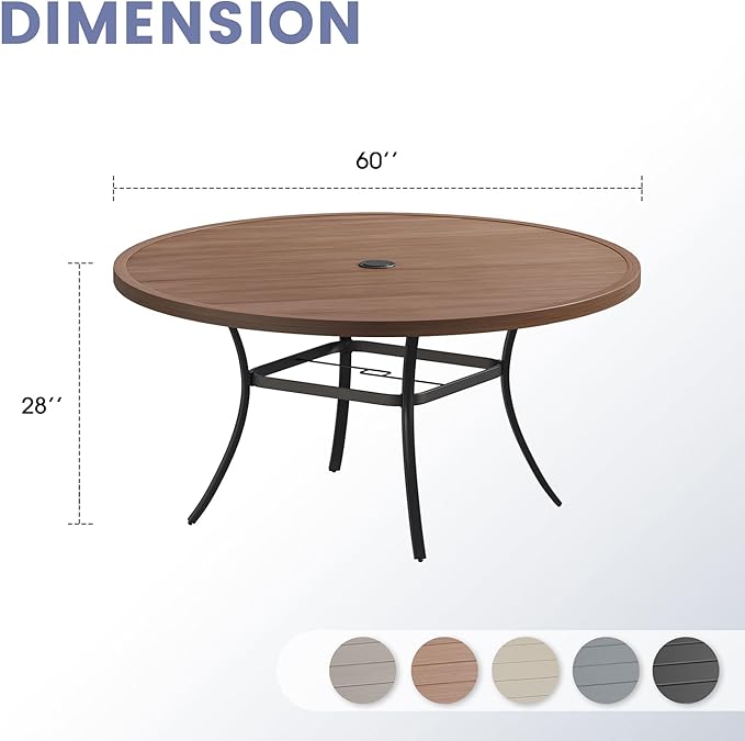 VICLLAX Outdoor Patio Round Dining Table, 60"x 60" Metal Slatted Round Tabletop with Adjustable Umbrella Hole for Deck Lawn Garden Backyard, Walnut