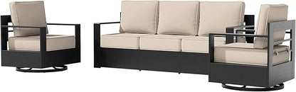 3 PCS Aluminum Patio Conversation Set - Outdoor 3-Seater Sofa, 2 360° Swivel Chair with 6" Thick Water-insistant Cushions, All-Weather Use Frame, Removable Cover, Ideal for Garden, Poolside (Beige)
