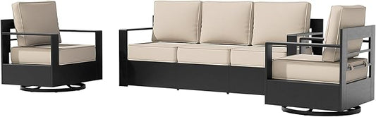 3 PCS Aluminum Patio Conversation Set - Outdoor 3-Seater Sofa, 2 360° Swivel Chair with 6" Thick Water-insistant Cushions, All-Weather Use Frame, Removable Cover, Ideal for Garden, Poolside (Beige)
