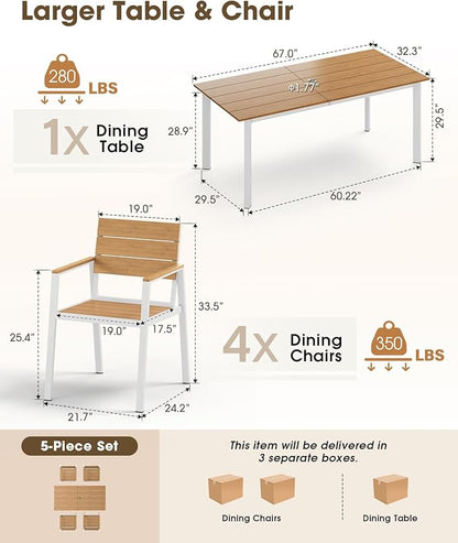 Outdoor Patio Dining Set, Aluminum & HDPE 5 Piece Outdoor Table and Chairs Set with Umbrella Hole, Modren Rectangular Patio Furniture Set with All-Weather Table and 4 Chairs (White & Teak)