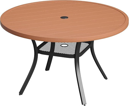 VICLLAX Outdoor Patio Round Dining Table, 41.7"x 41.7" Plastic Tabletop with Storage Shelf for Deck Lawn Garden Backyard, Walnut