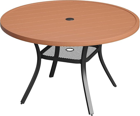 VICLLAX Outdoor Patio Round Dining Table, 41.7"x 41.7" Plastic Tabletop with Storage Shelf for Deck Lawn Garden Backyard, Walnut