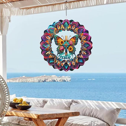 Cross Wind Spinner, Metal Wind Spinners Outdoor/Indoor, Cross Butterfly Hanging Garden Decor for Outside, Stainless Wind Spinners for Yard and Garden 10 inch 3D (25X24.95 CM)