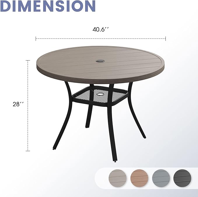 VICLLAX Outdoor Patio Round Dining Table, 41"x 41" Metal Slatted Round Tabletop with Adjustable Umbrella Hole for Deck Lawn Garden Backyard, Antique Grey