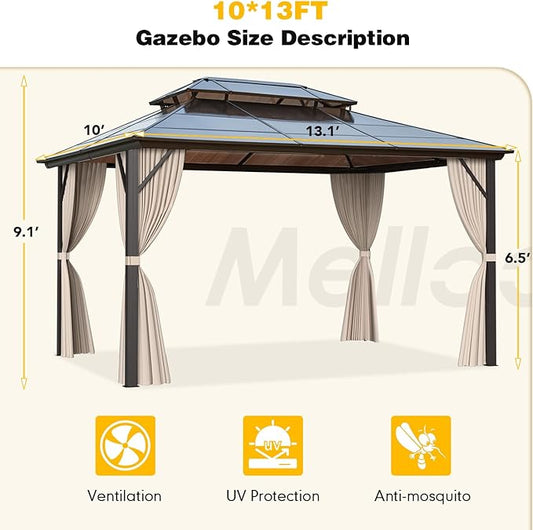 MELLCOM 10 x 13ft Hardtop Gazebo, Polycarbonate Double Roof Aluminum Gazebo, Outdoor Waterproof Canopy with Netting and Curtains for Backyard, Deck, Patio