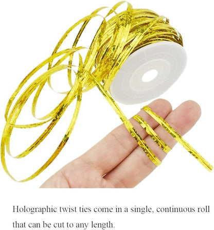 HAHIYO 100Yards/300Feet/91M Holographic Gold Metal Twist Ties Bread Candy Coffee Bag Ties Plant Garden Twist Ties for Cellophane Treat Bags Gift Wraping Bags Plastic Bags Party Cake Present Art Crafts