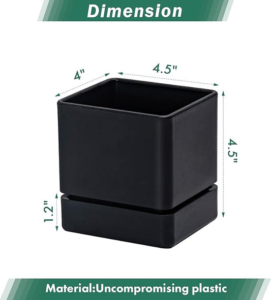 4 Inch Herb Planter Pot, Plastic Planter with Drainage Holes and Saucer, Modern Decorative Gardening Pot for Indoor Plants, Flowers, Herbs, Succulents, Black, Set of 2, 76-Y-B-2