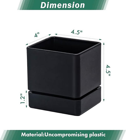 4 Inch Herb Planter Pot, Plastic Planter with Drainage Holes and Saucer, Modern Decorative Gardening Pot for Indoor Plants, Flowers, Herbs, Succulents, Black, Set of 4, 76-Y-B-4