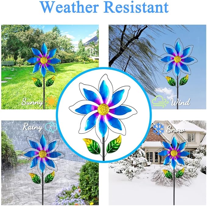14'' Wind Spinners Outdoor, Flower Metal Garden Wind Spinners Outdoor, Kinetic Wind Sculptures & Spinners for Yard Garden Lawn Decor (Blue)