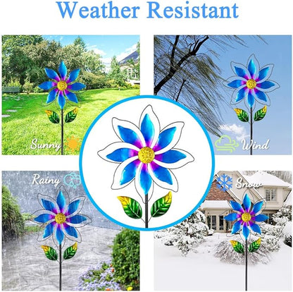 14'' Wind Spinners Outdoor, Flower Metal Garden Wind Spinners Outdoor, Kinetic Wind Sculptures & Spinners for Yard Garden Lawn Decor (Blue)