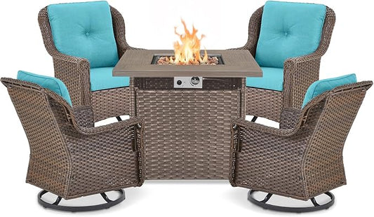 Outdoor Patio Swivel Gliders with Fire Pit Table 5 Piece Set - High Back Brown Wicker Rattan Rocking Chair with Thick Cushion for Porch Apartment Deck Yard Poolside Garden - Turqoise