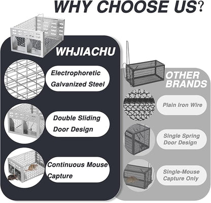 Rat Trap, Humane Live Rat Trap & Automatic Reset Mouse Traps with Dual One-Way Door Design – Catch and Release for Mice, Chipmunks, Hamsters, and Other Rodents, Indoors & Outdoors(Silver)