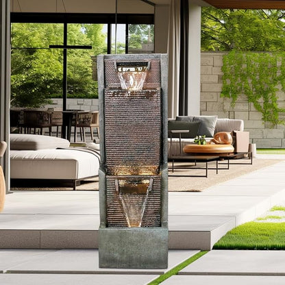 Outdoor Garden Waterfalls Fountains with Led Lights Water Fountain Outdoor/Indoor Resin Fountain for Patio Decor Garden, House, Office, Garden, Home Art Decor