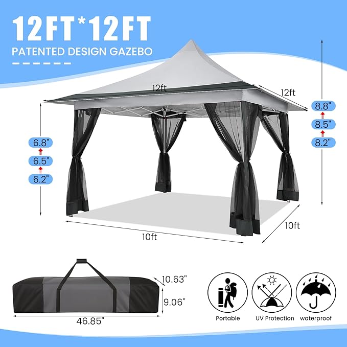 COBIZI 12x12 Pop up Canopy Gazebo on Clearance, Outdoor Canopy Tent with Mosquito Netting & Waterproof Roof Tent carpas para Patio Portable Gazebo for Backyard, Gray