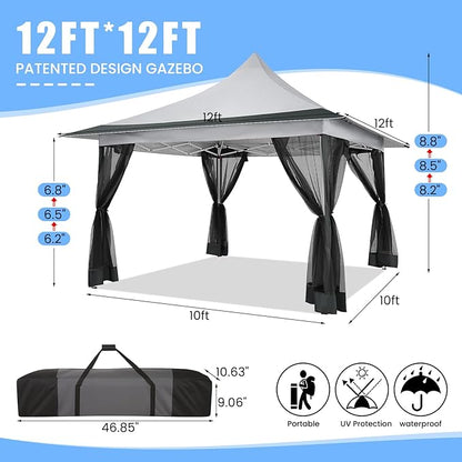 COBIZI 12x12 Pop up Canopy Gazebo on Clearance, Outdoor Canopy Tent with Mosquito Netting & Waterproof Roof Tent carpas para Patio Portable Gazebo for Backyard, Gray
