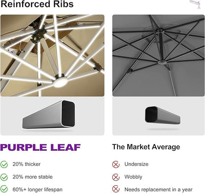 PURPLE LEAF 9' X 12' Solar Powered LED Patio Large Umbrella Offset Double Top Hanging Umbrella Outdoor Market Umbrella for Garden, Deep Beige