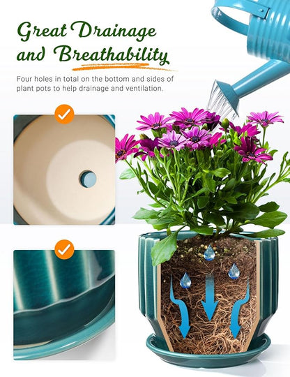 AISBUGUR Plant Pots 6 inch Ceramic Pots for Indoor Plants Set of 2 Flower Pots Unique Crackle Glaze Design Plant Pots with Drainage Hole and Saucer Come with Drainage Nets (Aqua Green)