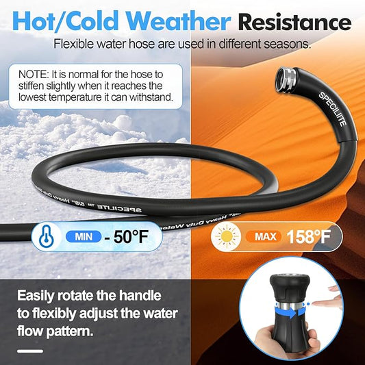 SPECILITE 5/8" Hot/Cold Water Hose 75 ft with High Flow Nozzle,Heavy Duty Flexible Rubber Garden Hose -50℉ to 158℉ With 3/4" Stainless Steel Fittings for Yard, Outdoor, Farm, Lightweight, Black