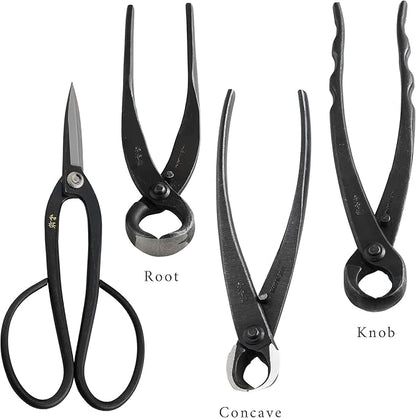 Wazakura Made in Japan 6PCS Bonsai Professional Tool Kit with Roll Bag: Yasugi Steel Ashinaga Scissor, Concave Branch Cutter, Knob Cutter, Jin Plier, Wire Cutter, Root Cutter. Bonsai Tool Set & Case
